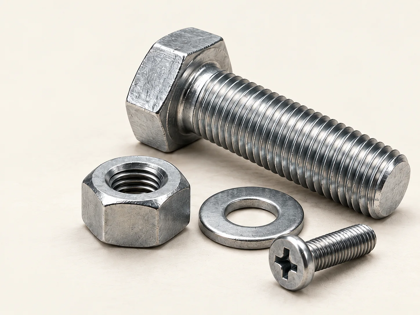 Steel bolt, hex nut, washer, and screw photographed on an ivory surface